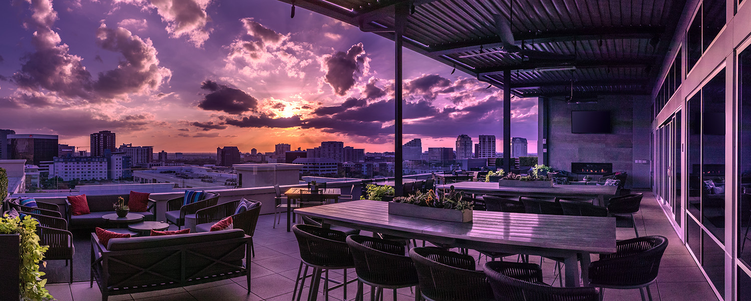 Photo of the rooftop patio at dusk time